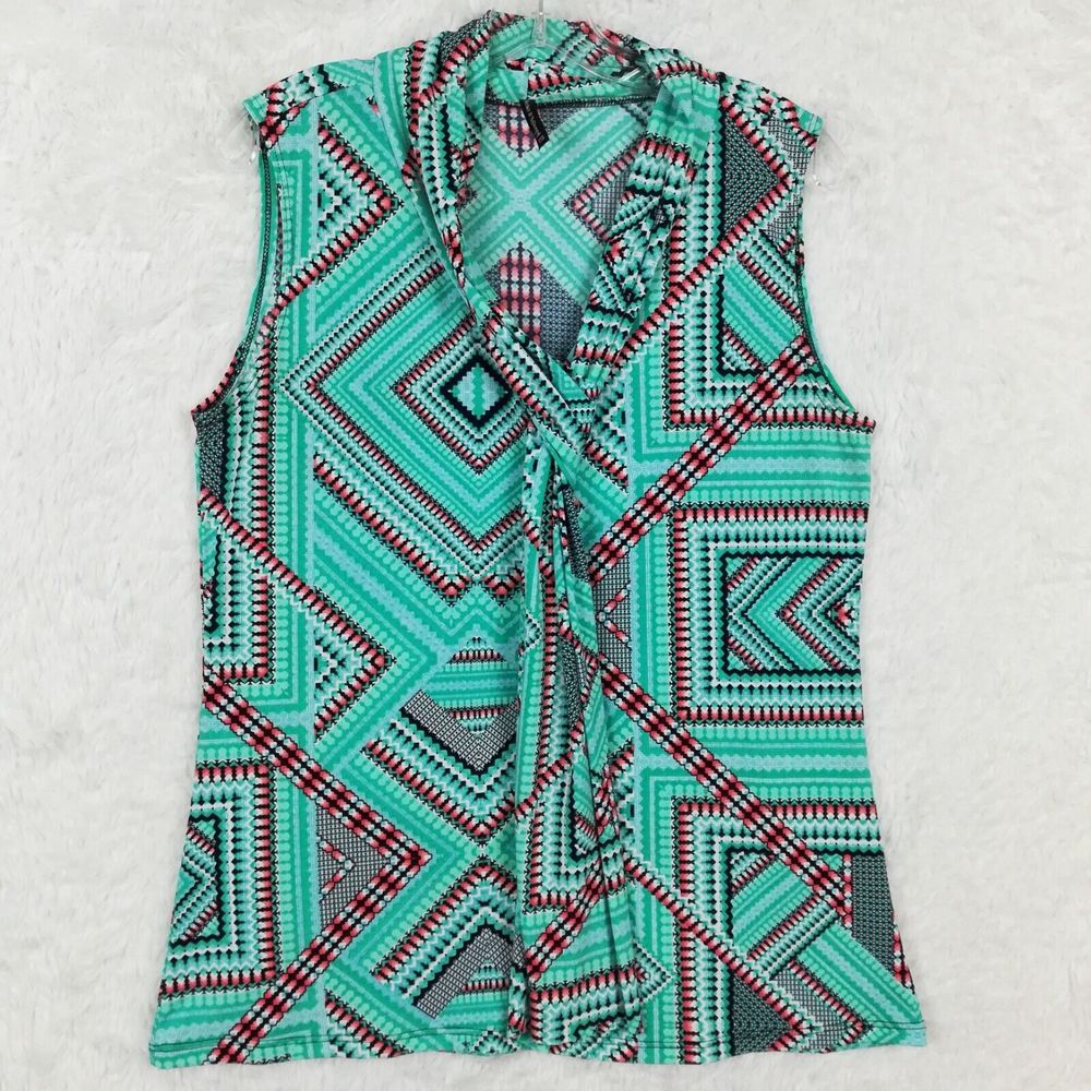 Bleeker & McDougal Womens Top Blouse Sleeveless‎ Geometric Aztec Print Teal L